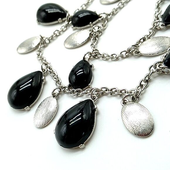 Synthetic Black Cabochon & Silver-tone Double Strand Necklace 16-19" NWOT - Picture 5 of 12